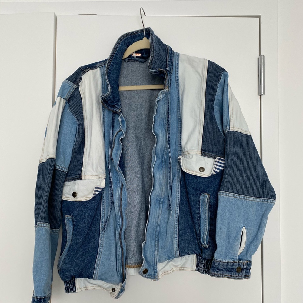 FREE PEOPLE DENIM PATCHWORK BOMBER JACKET
